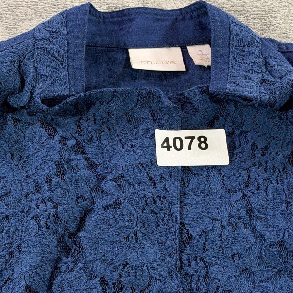 Chicos Lace Front Zip Jacket Womens Size 1 Navy Blue Floral Overlay 4501392729